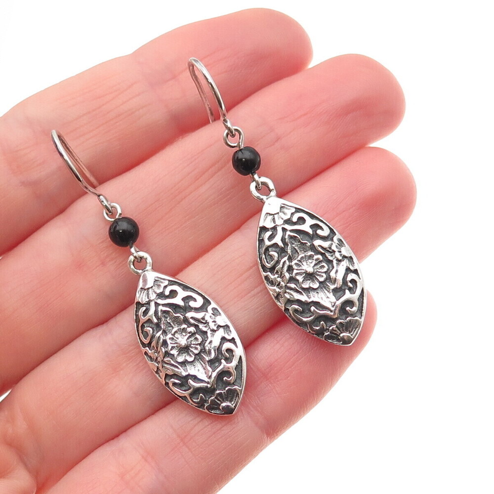 925 Sterling Silver Vintage Real Black Onyx Floral Oxidized Dangle Earrings